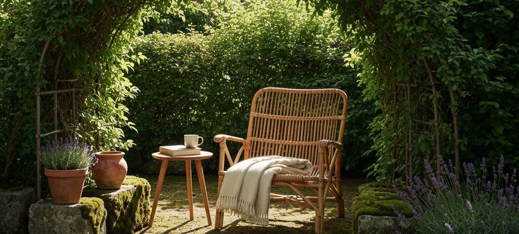 Minimalistischer Garten-Lesebereich mit wenig Platz